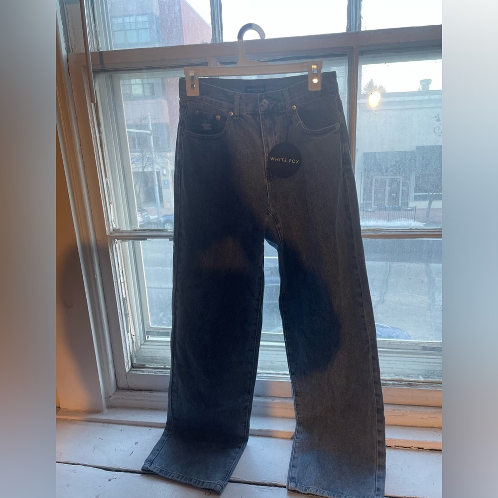 White Fox Taking a Trip Mid Rise Straight Leg Jeans Blue Wash
